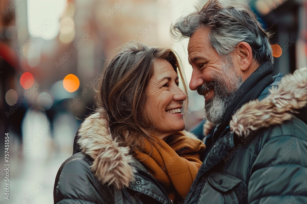 A couple is smiling and hugging in the street