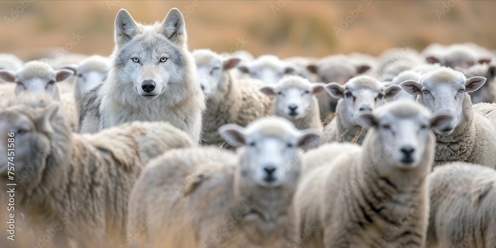 A wolf disguised among a flock of sheep. A wolf disguised among a flock of sheep.
