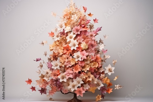 christmas tree decoration made of white, pink and orange peach fuzz flowers
