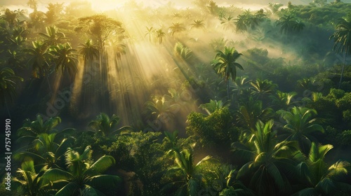 aerial photograph of a tropical rainforest in South America. Sunlight filters through the branches and onto the forest floor. Filled with abundance 