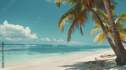 A tranquil beach scene with palm trees swaying in the breeze and crystal-clear turquoise waters stretching to the horizon.