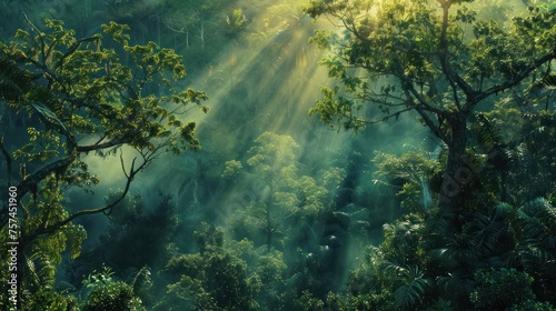 aerial photograph of a tropical rainforest in South America. Sunlight filters through the branches and onto the forest floor. Filled with abundance,