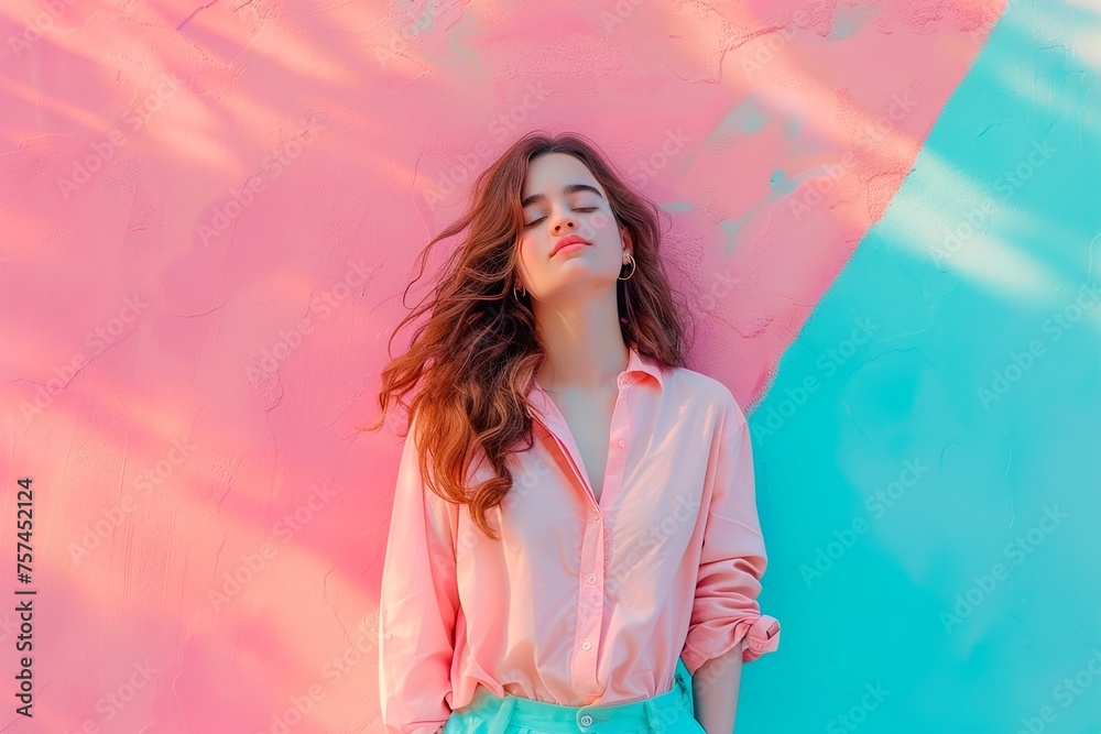 Fototapeta premium A woman in a pink shirt is laying on a pink and blue wall
