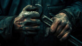 Close-up of a mechanic's hands holding a spanner. AI.