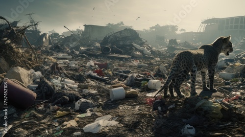 Animals scavenge and scatter garbage everywhere. The area around the garbage pile is dirty. photo