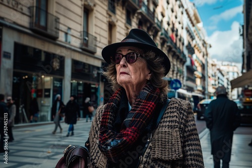 A woman wearing a hat and sunglasses stands on a sidewalk in front of a building