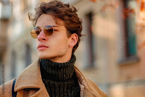 A man wearing a brown coat and a green sweater with sunglasses on his face
