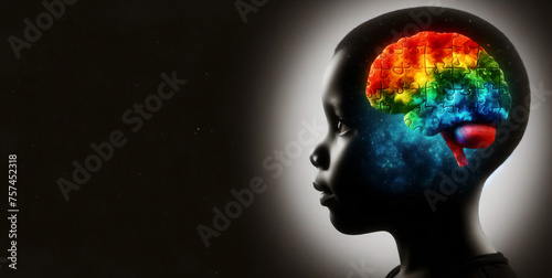 Double exposure image, close-up of a dark-skinned child's head with a dark-skinned child's brain depicted inside using bright and colorful rainbow puzzles. Autistic Pride Dаy