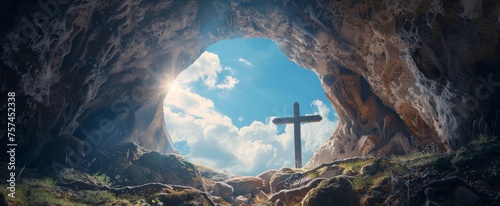 A cross-shaped hole in the side of an ancient cave, with blue sky and white clouds visible through it Generative AI photo