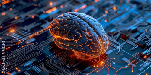 Digital brain on circuit board background