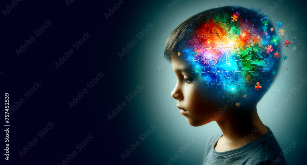 creative double exposure image featuring child's head filled with brain made of brightly colored rainbow puzzles highlights individuality and unique abilities of individuals with autism