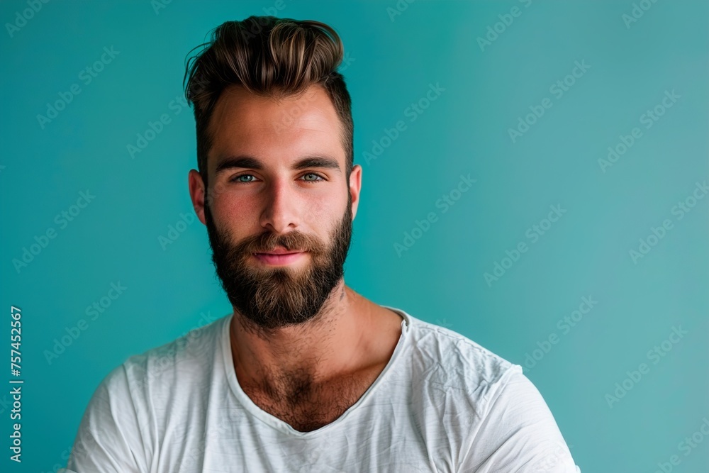 A man with a beard and a white shirt is smiling at the camera A man with a beard and a white shirt is smiling at the camera