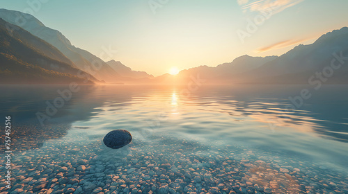 Serene Lake Sunrise, Mountain Reflections, Peaceful Morning, Sunrise over calm lake with pebbles and mountains in background. Serene landscape photography. Peaceful nature and tranquility concept 