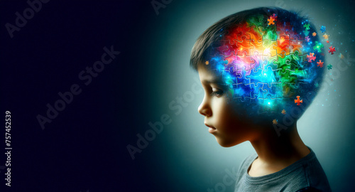 creative double exposure image featuring child's head filled with brain made of brightly colored rainbow puzzles highlights individuality and unique abilities of individuals with autism