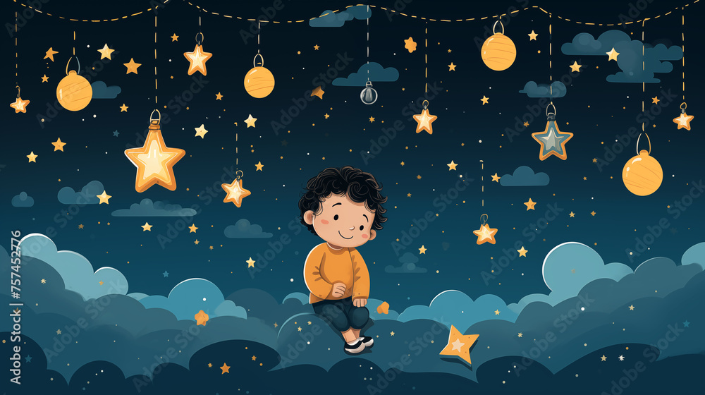 Child sitting on fluffy cloud, surrounded by star lanterns and celestial bodies, immersed in magic of starlit night Child sitting on fluffy cloud, surrounded by star lanterns and celestial bodies, immersed in magic of starlit night