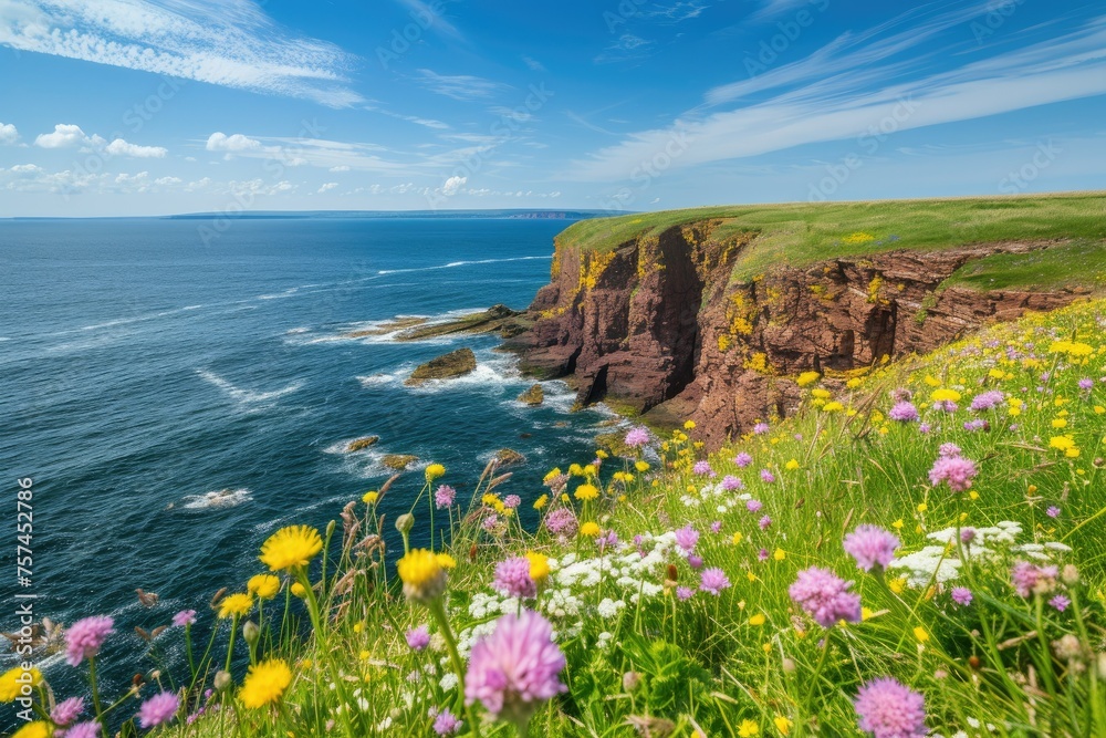 A beautiful view of the ocean with a rocky shoreline and a field of flowers
