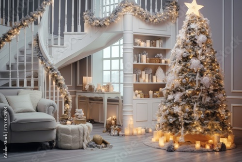spiral white staircase in cozy living room interior beautifully decorated for christmas season with xmas tree and garlands and candles