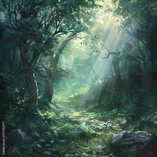 A tranquil forest glade with shafts of sunlight piercing through the trees, creating a magical atmosphere of serenity and wonder.
