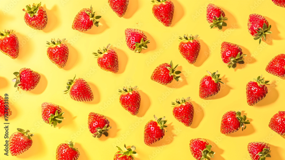Strawberries in a patterns with shadow on bright yellow color background. Pop art design, creative citruses, Minimal summer concept, Flat minimal fruits pattern. Strawberries in a patterns with shadow on bright yellow color background. Pop art design, creative citruses, Minimal summer concept, Flat minimal fruits pattern.