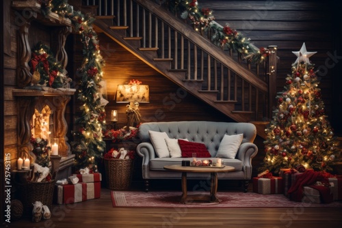 Wooden staircase in cozy living room interior beautifully decorated for christmas season with xmas tree and garlands