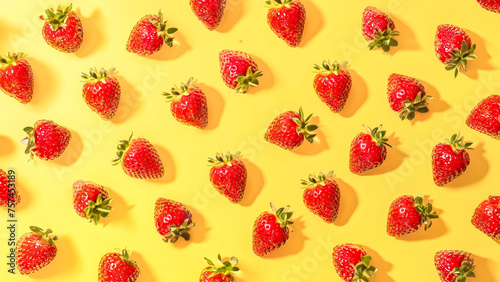 Strawberries in a patterns with shadow on bright yellow color background. Pop art design, creative citruses, Minimal summer concept, Flat minimal fruits pattern.