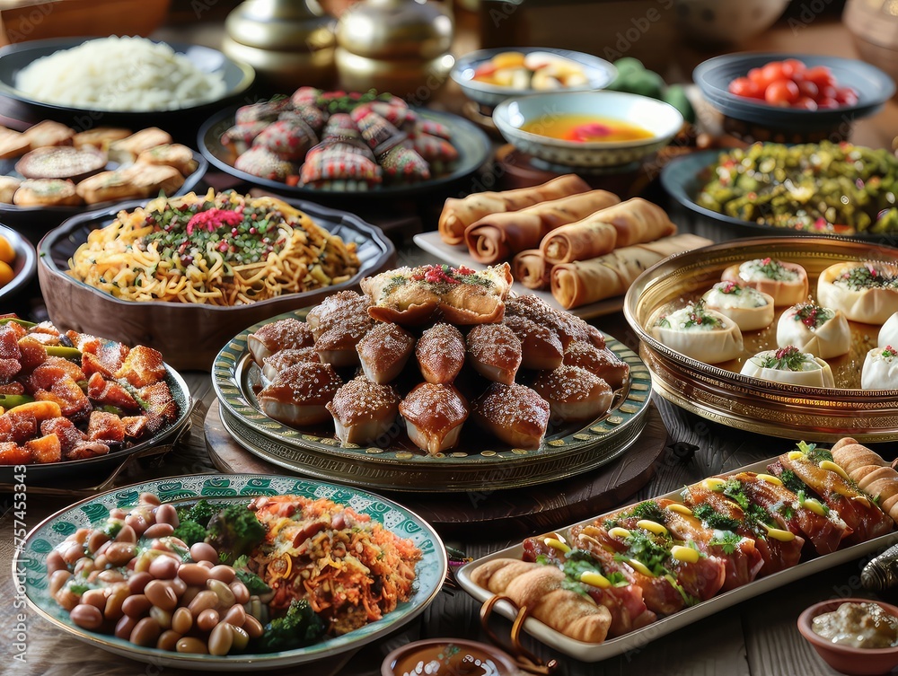 Ramadan Feast - Culinary Celebration - Ramadan Recipes Iftar - Generate visuals that evoke the spirit of a culinary celebration during Ramadan, presenting a feast of Iftar recipes