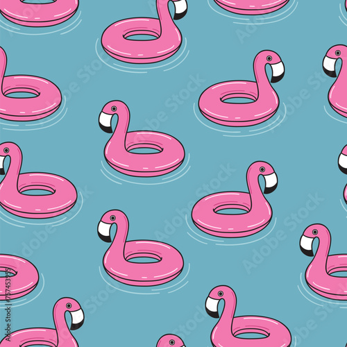Seamless pattern with flamingo floats on water. Cute summer background Sea or pool with swim rings