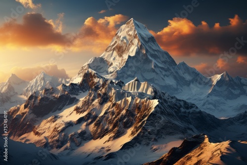 Snowy mountain against a sunset sky, creating a breathtaking natural landscape