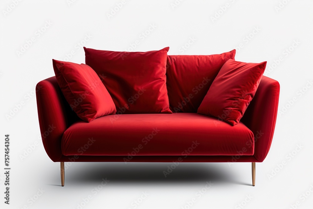 Red shiny velour sofa with a pillow isolated on white background Red shiny velour sofa with a pillow isolated on white background