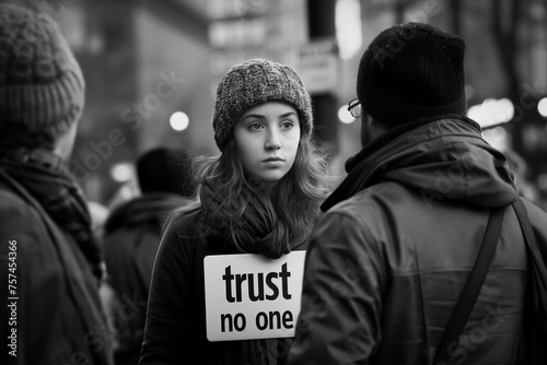 Young woman with distrustful sign with 'trust no one' text, crowd in background, black and white © MariiaDemchenko