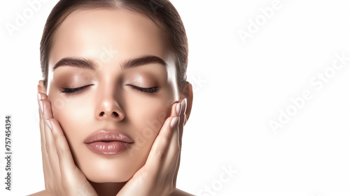 Woman Face Hands Beauty, Skin Care Makeup Eyes Closed, Beautiful Natural Make Up, Isolated over White background 