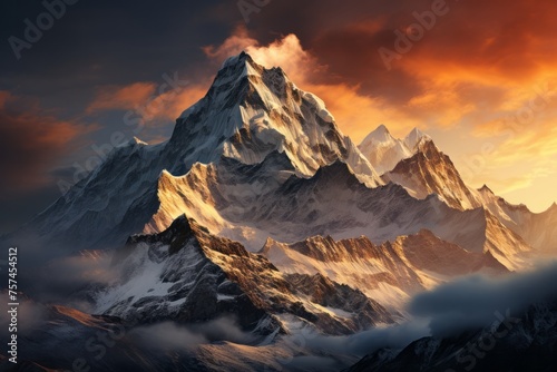 Snowcovered mountain in clouds at sunset, a stunning natural landscape