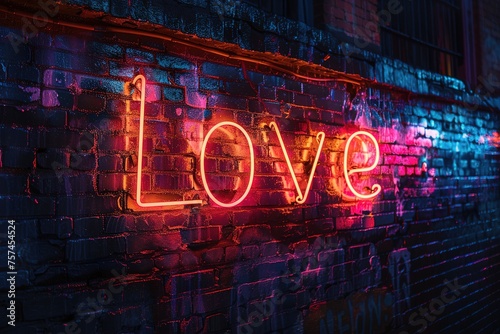 Sign of the word love made of neon tubes and glowing pink orange on dark background of old brick wall in dark colors.