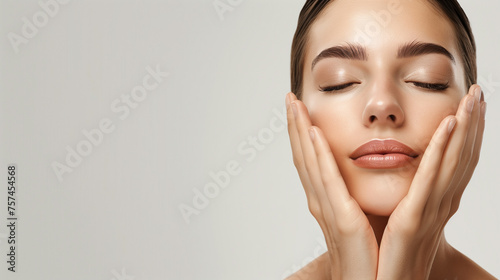 Woman Face Hands Beauty, Skin Care Makeup Eyes Closed, Beautiful Natural Make Up, Isolated over White background 