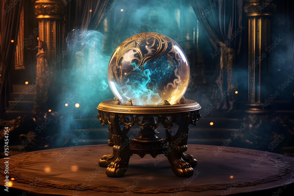 a crystal ball is sitting on a table with smoke coming out of it - obrazy, fototapety, plakaty 