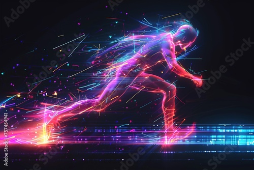 Silhouette of a runner in motion made of glowing neon rays on a dark background