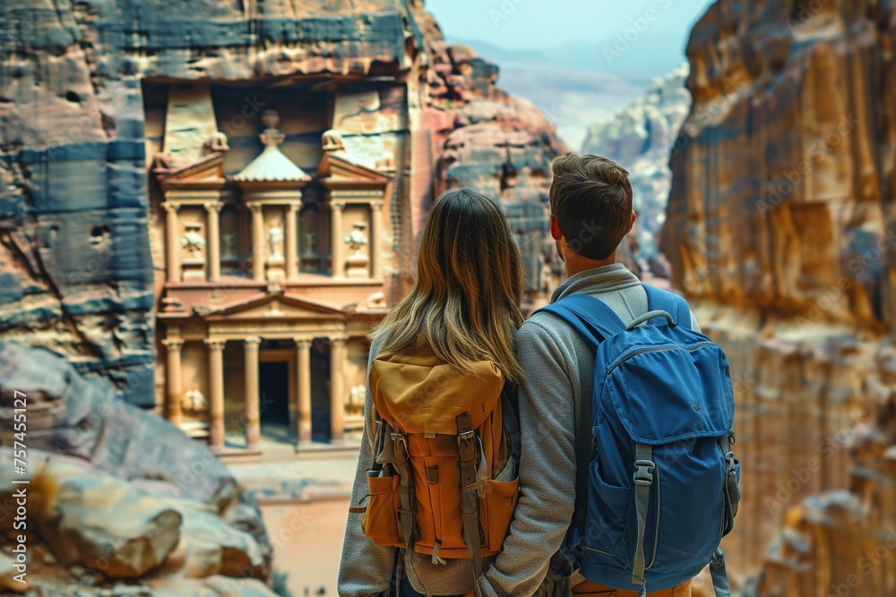 Happy Couple Exploring Ancient City in Petra, Jordan