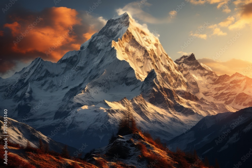 Snowy mountain peak with sunset casting a golden glow on the clouds and sky