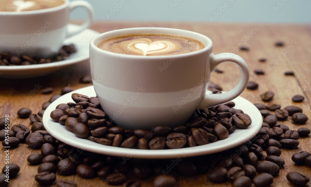 A cup of cappuccino surrounded by roasted coffee beans. Heart image drawn on coffe A cup of cappuccino surrounded by roasted coffee beans. Heart image drawn on coffe