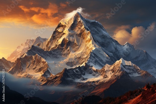 Snowcovered mountain with clouds in the sky and a sunset backdrop