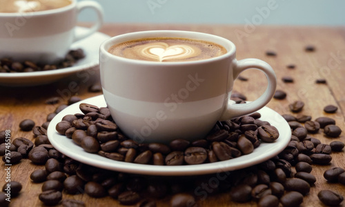 A cup of cappuccino surrounded by roasted coffee beans. Heart image drawn on coffe