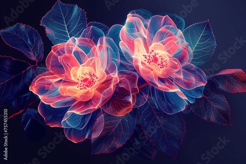 Glowing orange blooming flowers on a branch in neon colors on a dark background #757455310