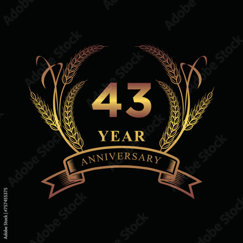 43th golden anniversary logo with ring and ribbon, laurel wreath vector photo