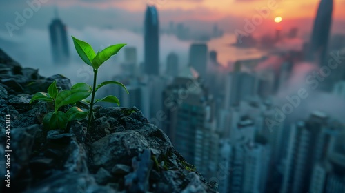 A vigorous and resilient plant emerges from a crack in the stone, contrasting with the urban landscape in the background. Concept of plant having victory over life's difficulties. photo