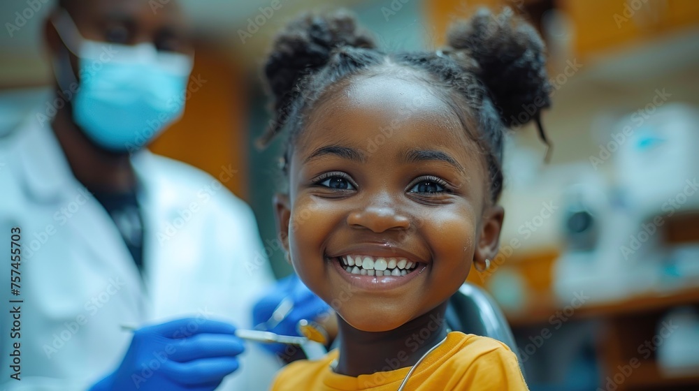 Young girl with a radiant smile in a dental office, a dentist with mask stands ready in the background Young girl with a radiant smile in a dental office, a dentist with mask stands ready in the background