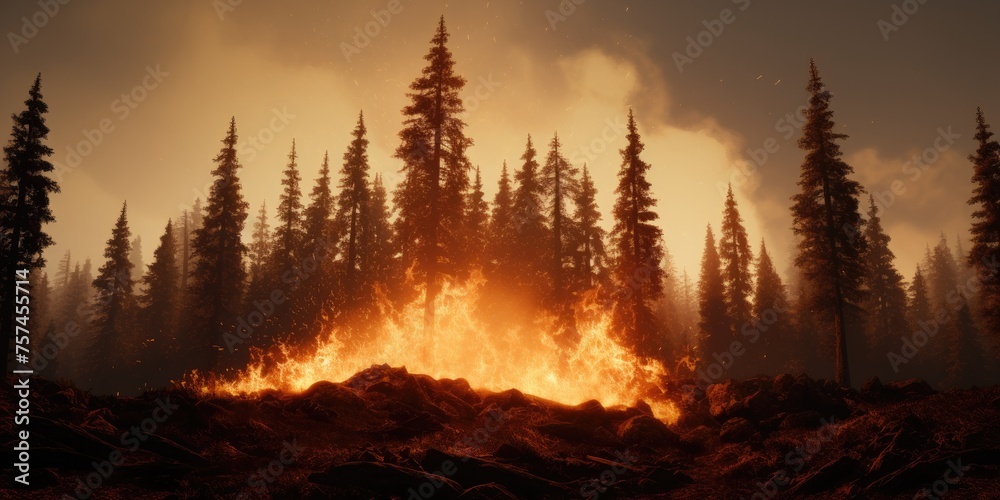 A blaze rages through the mountain forests, with dry grass and trees ablaze in the forefront. - obrazy, fototapety, plakaty 