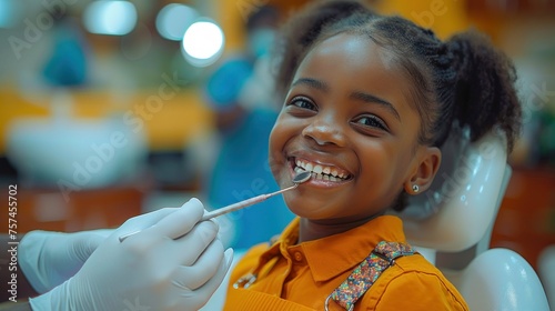 Cheerful girl having her teeth checked with dental mirror and exploring tool by a dentist in a clinic