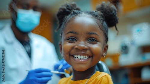 Young girl with a radiant smile in a dental office, a dentist with mask stands ready in the background