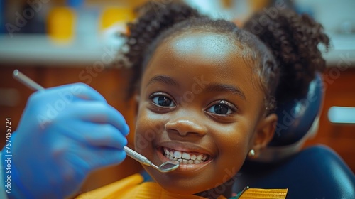 A little girl beams at the camera  a dentist holds dental tools near her mouth for examination at the clinic