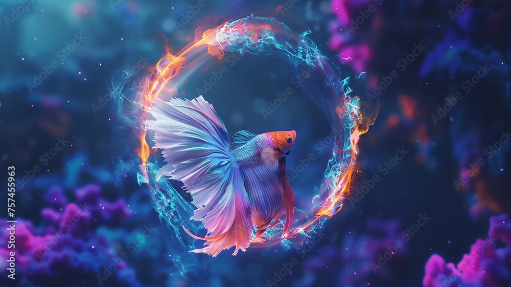 Multi color Siamese fighting fish(halfmoon),dragon fighting fish,Betta splendens, with neon lighting circle. - obrazy, fototapety, plakaty 